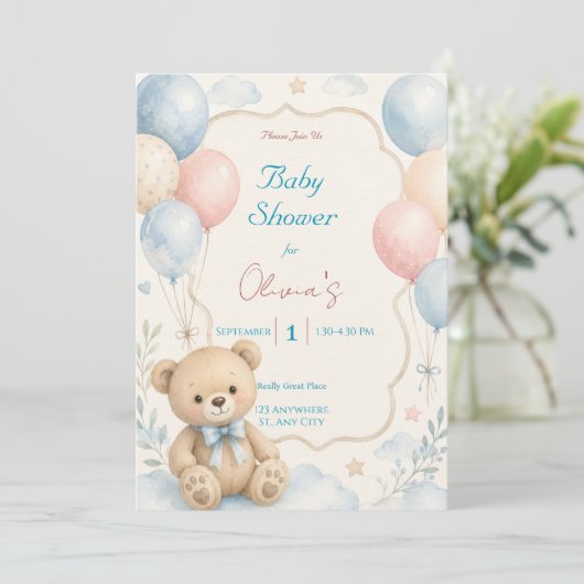 Waterverf Teddybeer Babyshower Uitnodiging (Staand voorkant)