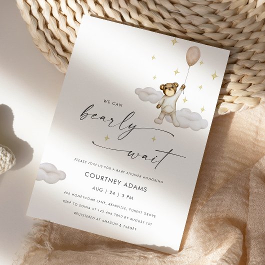 Waterverf teddybeer ballon neutraal Baby shower Kaart