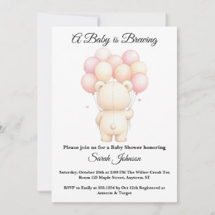Waterverf Teddybeer Ballonnen Roze Baby Shower Kaart