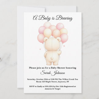 Waterverf Teddybeer Ballonnen Roze Baby Shower Kaart