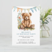 Waterverf Teddybeer Blauw 1e Verjaardag Kaart (Staand voorkant)