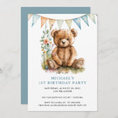 Waterverf Teddybeer Blauw 1e Verjaardag Kaart (Voorkant / Achterkant)