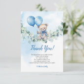 Waterverf Teddybeer Blauw & Balloon Baby shower Bedankkaart (Staand voorkant)