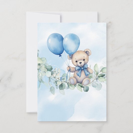 Waterverf Teddybeer Blauw & Balloon Baby shower Bedankkaart (Achterkant)