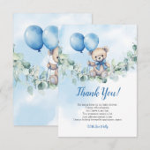 Waterverf Teddybeer Blauw & Balloon Baby shower Bedankkaart (Voorkant / Achterkant)
