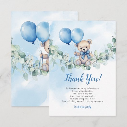 Waterverf Teddybeer Blauw & Balloon Baby shower Bedankkaart (Voorkant / Achterkant)