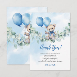 Waterverf Teddybeer Blauw & Balloon Baby shower Bedankkaart