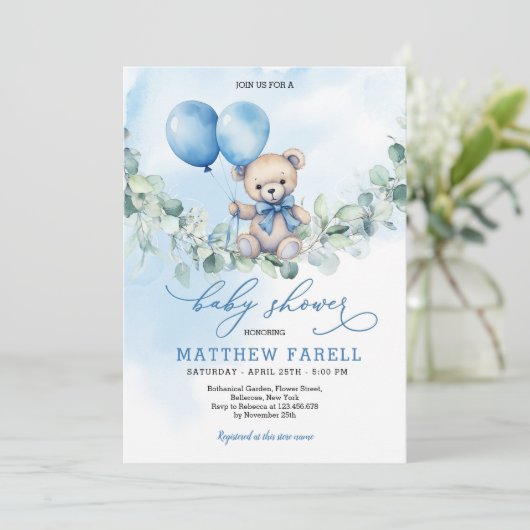 Waterverf Teddybeer Blauw & Balloon Baby shower Kaart (Staand voorkant)