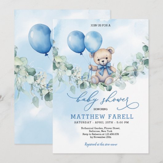 Waterverf Teddybeer Blauw & Balloon Baby shower Kaart (Voorkant / Achterkant)