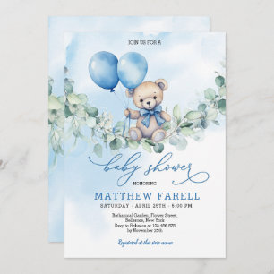 Waterverf Teddybeer Blauw & Balloon Baby shower Kaart