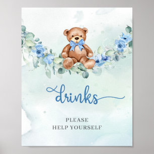 Waterverf Teddybeer blauw bloemengroen drinken Poster