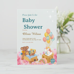 Waterverf Teddybeer Heet Lucht Ballon Baby Shower Kaart