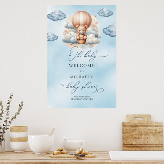 Waterverf Teddybeer heteluchtballon welkom Poster (Keuken)