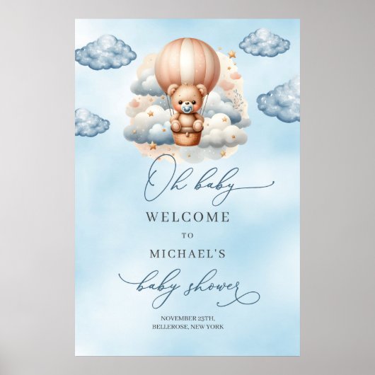 Waterverf Teddybeer heteluchtballon welkom Poster (Voorkant)