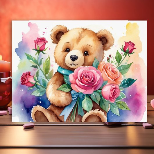 Waterverf Teddybeer met Rozen Print Poster