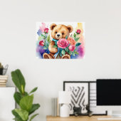 Waterverf Teddybeer met Rozen Print Poster (Thuiskantoor)