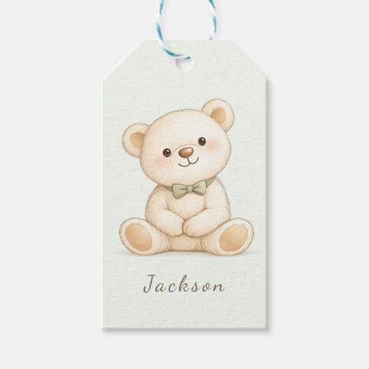 Waterverf teddybeer met saliegroene vlinderdas cadeaulabel (Voorkant)