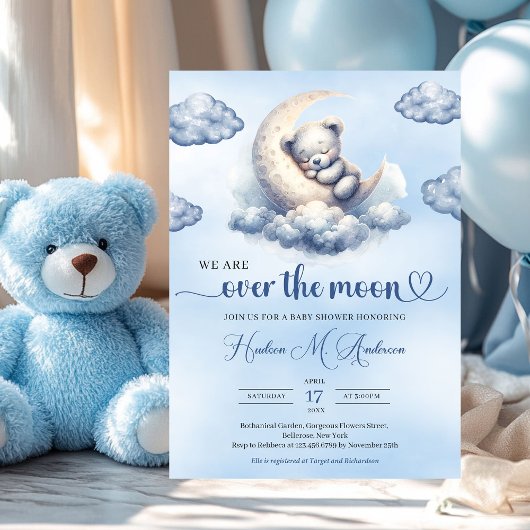 Waterverf teddybeer over het maan Baby shower Kaart