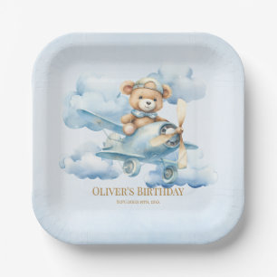 Waterverf Teddybeer Piloot Eerste Verjaardag Papieren Bordje