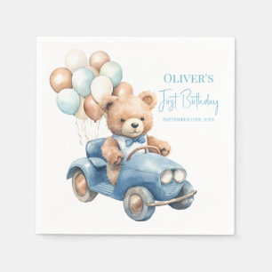 Waterverf Teddybeer rijdt Auto Eerste Verjaardag Servet