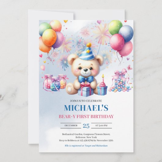 Waterverf Teddybeer snoep Beer-Y Eerste Verjaardag Kaart (Voorkant)