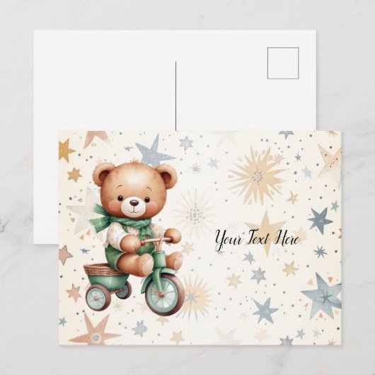 Waterverf teddybeer sterren groene fiets mooi briefkaart (Voorkant / Achterkant)