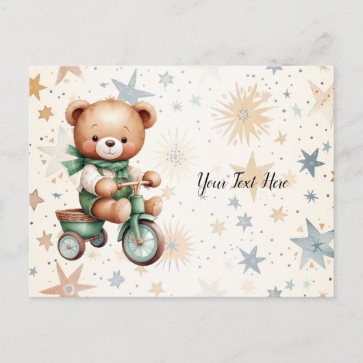 Waterverf teddybeer sterren groene fiets mooi briefkaart (Voorkant)