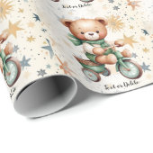 Waterverf teddybeer sterren groene fiets mooi cadeaupapier (Rol Hoek)