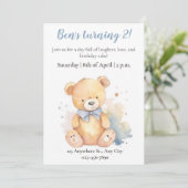 Waterverf teddybeer verjaardaguitnodiging voor kin kaart (Staand voorkant)