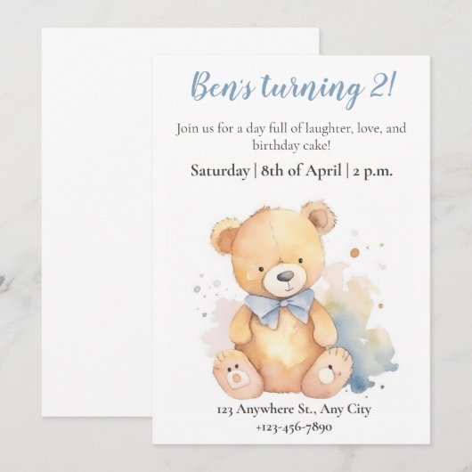 Waterverf teddybeer verjaardaguitnodiging voor kin kaart (Voorkant / Achterkant)