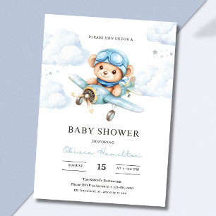 Waterverf Teddybeer Vliegtuig Baby Shower Kaart