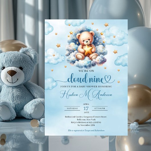 Waterverf teddybeer wolk negen Boy Baby shower Kaart