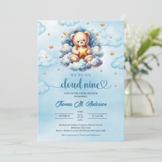 Waterverf teddybeer wolk negen Boy Baby shower Kaart (Staand voorkant)