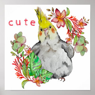 Waterverf tekening van een grappige papegaai in bl poster