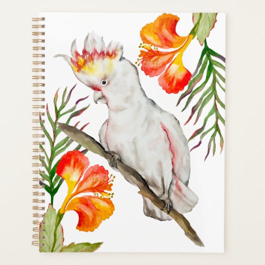 Waterverf tekening van een kaketoe papegaai planner (Voorkant)