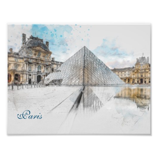 Waterverf tekening van het Louvre Paris, Frankrijk Foto Afdruk (Voorkant)