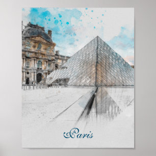 Waterverf tekening van het Louvre Paris, Frankrijk Poster