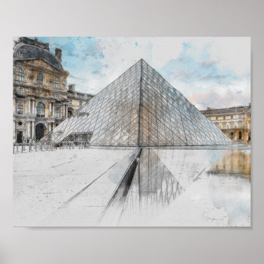 Waterverf tekening van het Louvre Paris, Frankrijk Poster (Voorkant)