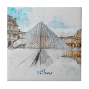 Waterverf tekening van het Louvre Paris, Frankrijk Tegeltje