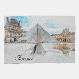 Waterverf tekening van het Louvre Paris, Frankrijk Theedoek