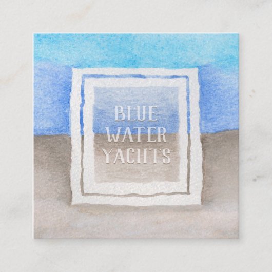 Waterverf Tekst Over Blauw & Tan Zee Strand Thema Vierkante Visitekaartje (Voorkant)