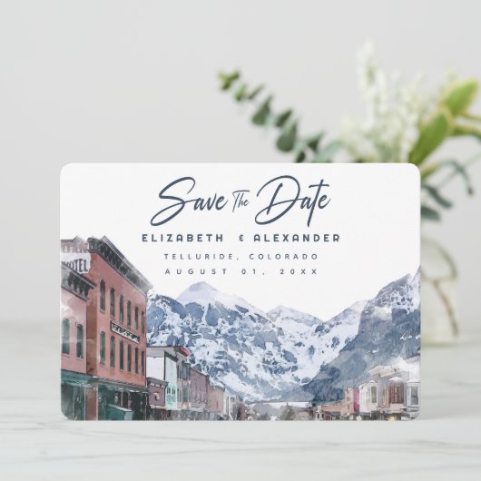 Waterverf Telluride Co Bruiloft Ski Save the Date Kaart (Staand voorkant)