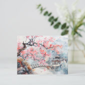 Waterverf tempel met kersenbloesems briefkaart (Staand voorkant)