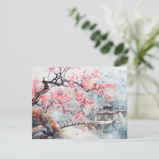 Waterverf tempel met kersenbloesems briefkaart (Staand voorkant)