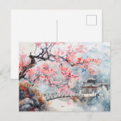 Waterverf tempel met kersenbloesems briefkaart (Voorkant / Achterkant)