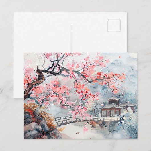 Waterverf tempel met kersenbloesems briefkaart (Voorkant / Achterkant)