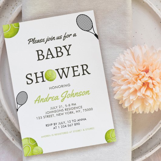 Waterverf Tennis Ball & Racket Player Baby shower Save The Date