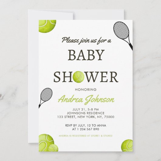 Waterverf Tennis Ball & Racket Player Baby shower Save The Date (Voorkant)