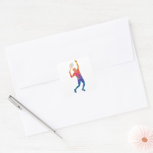 Waterverf Tennis Man Vierkante Sticker (Envelop)
