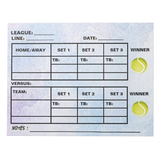 Waterverf Tennis Score Pad - Tennisscoreborden Notitieblok (Voorkant)